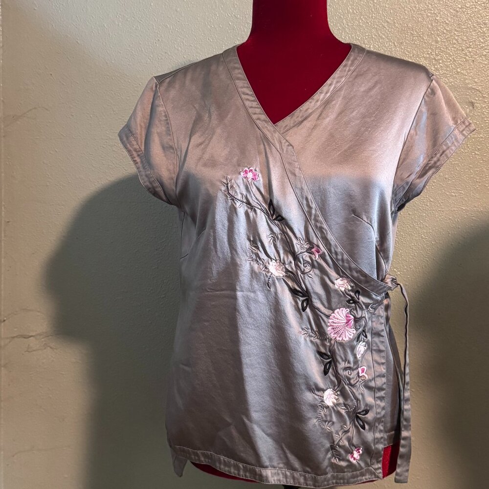 Kensie Silk Blouse Top SIlver Size 12 L